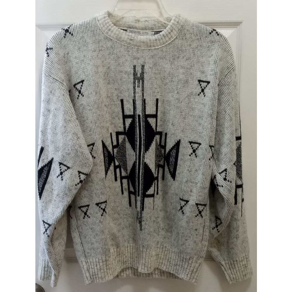 Vintage Sequel LTD Mens Sweater M Gray Black Aztec Wool Blend Pullover Made USA